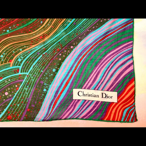 CHRISTIAN DIOR Vintage Graphic Green Purple Red Cotton Scarf 26” - Picture 5 of 6